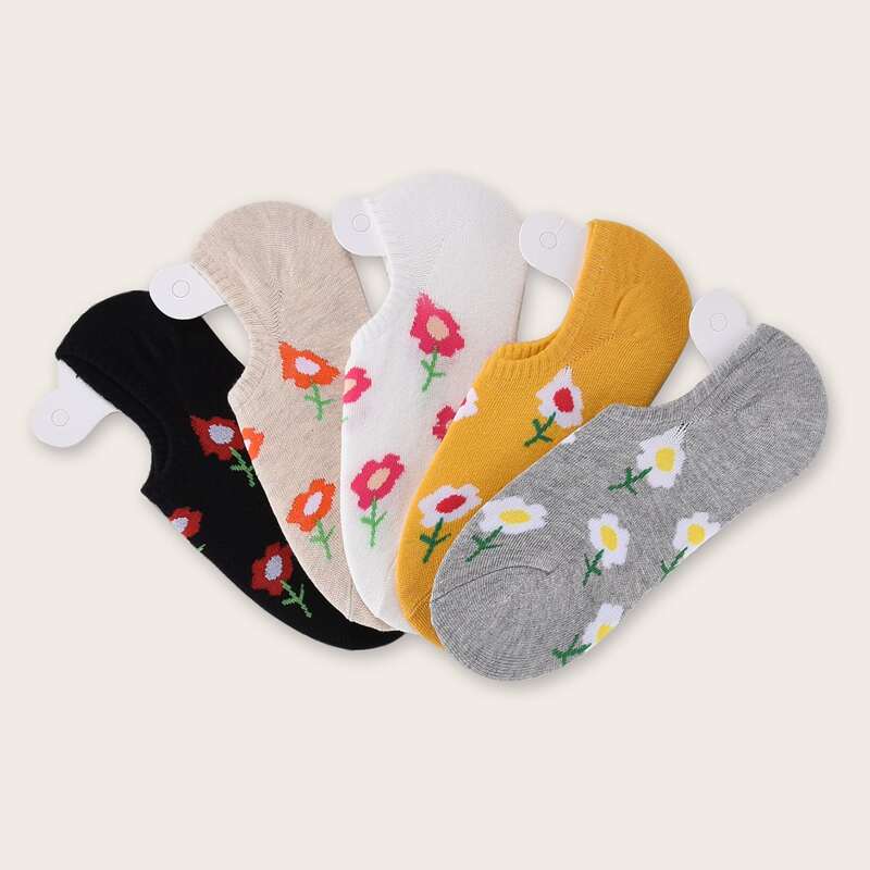 

5pairs Flower Pattern Socks, Multicolor