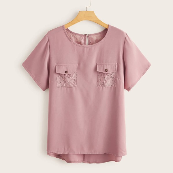 

Plus Contrast Lace Flap Pocket Blouse, Pink