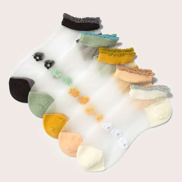 

5pairs Flower Pattern Mesh Socks, Multicolor