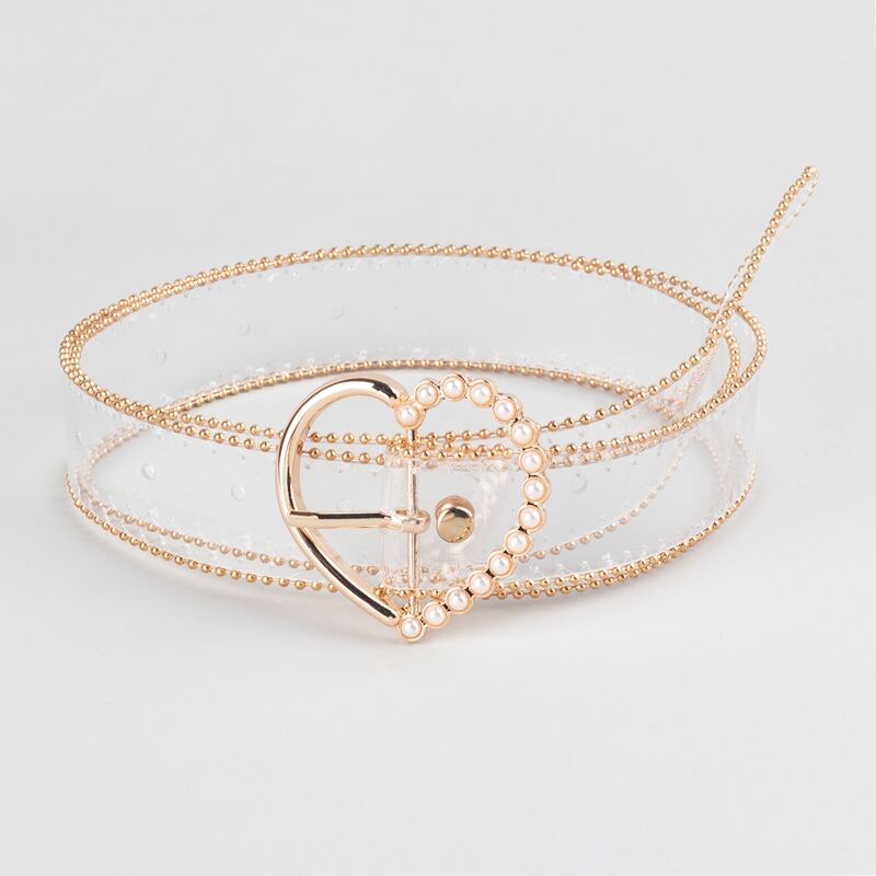

Faux Pearl Decor Heart Buckle Clear Belt, White