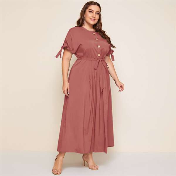 

Plus Button Front Knot Cuff Belted Dress, Pink