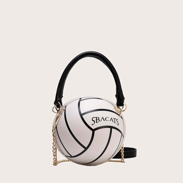 

Letter Graphic Ball Shaped Satchel Bag, White