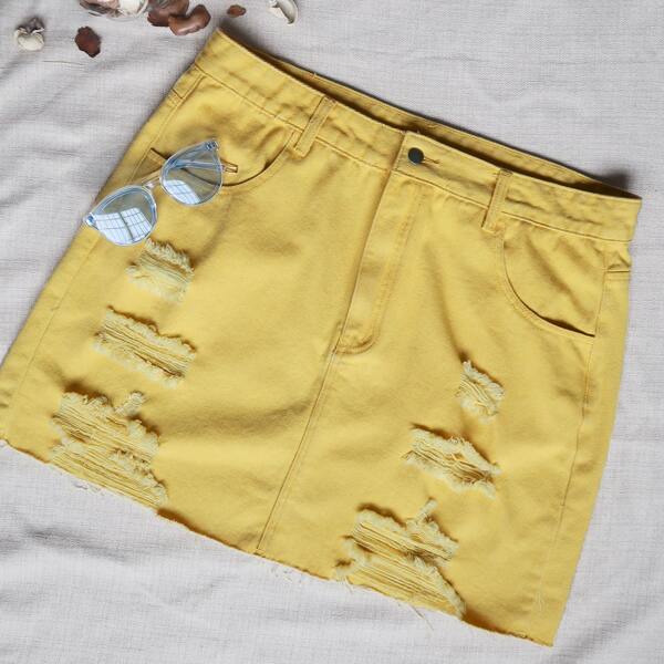 

Plus Ripped Solid Denim Skirt, Yellow