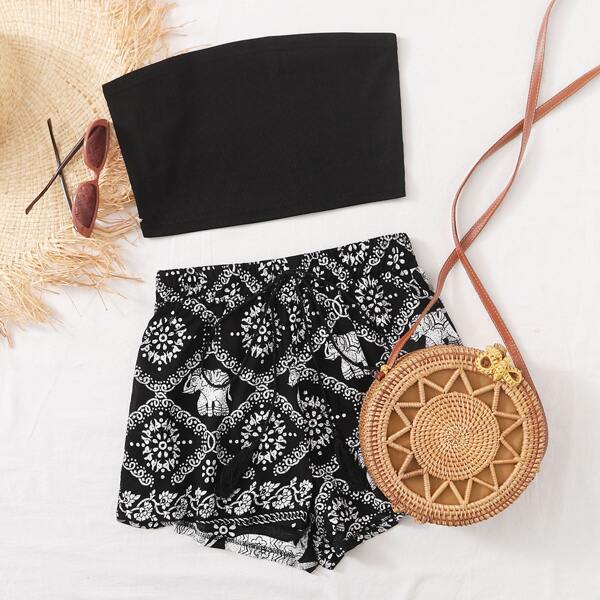 

Rib-knit Bandeau With Tribal Print Shorts, Black