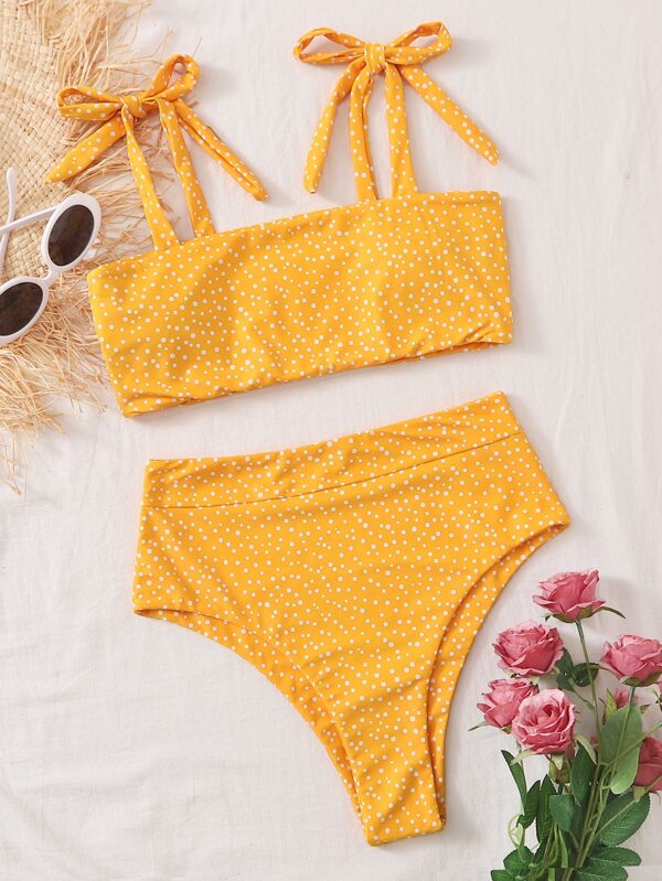polka dot tie shoulder high waist bikini swimsuit