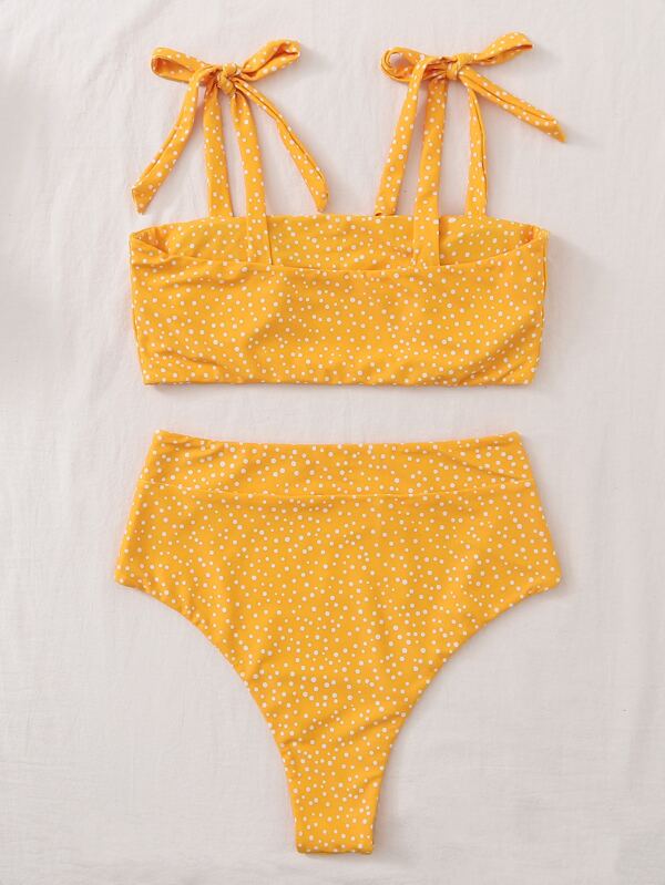 polka dot tie shoulder high waist bikini swimsuit