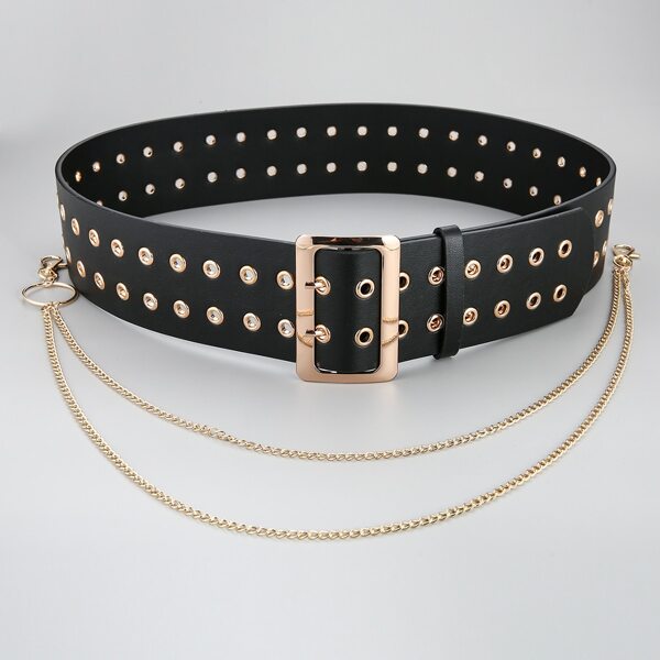

Men Eyelet Chain Decor Belt, Black