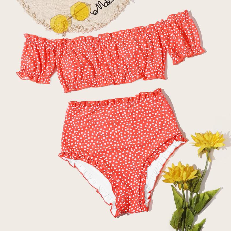

Ditsy Floral Frill Bardot Bikini Swimsuit, Red