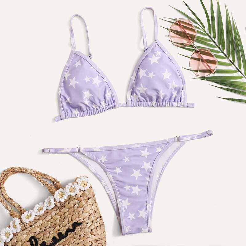 

Star Print Triangle Tanga Bikini Swimsuit, Purple
