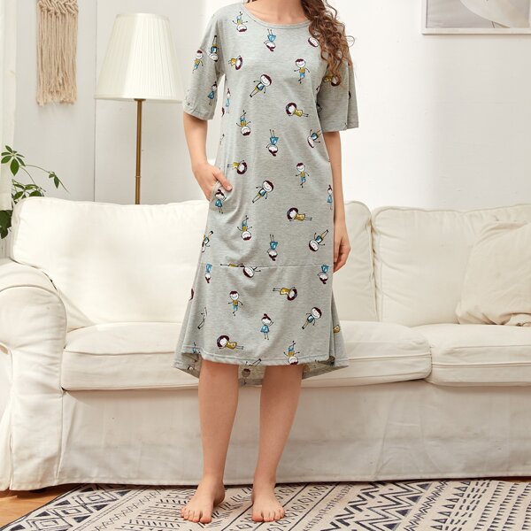 

Allover Cartoon Figure Graphic Night Dress, Grey
