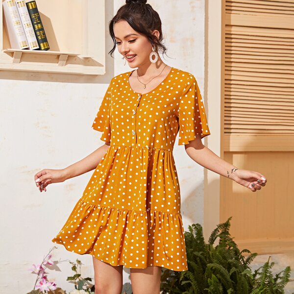 

Polka Dot Half Button Ruffle Hem Babydoll Dress, Yellow