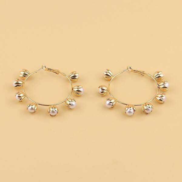 

Faux Pearl Hoop Earrings, Gold