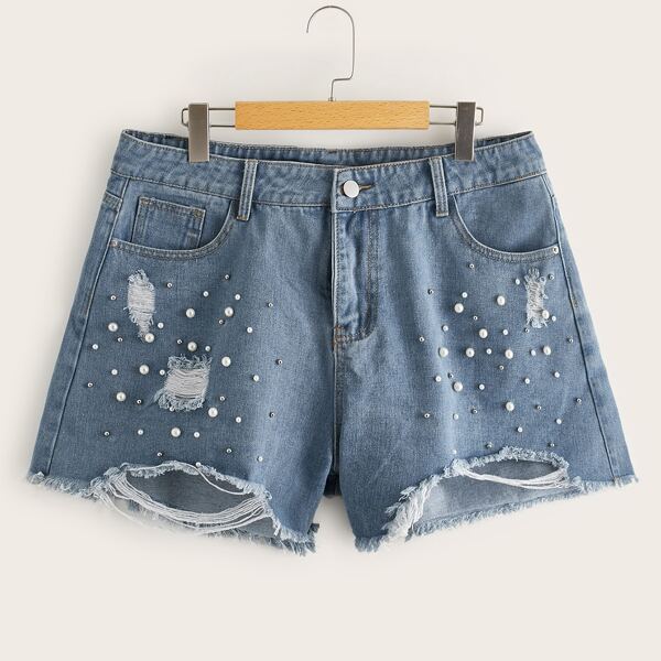 

Plus Size Pearls Beaded Raw Hem Denim Shorts, Blue