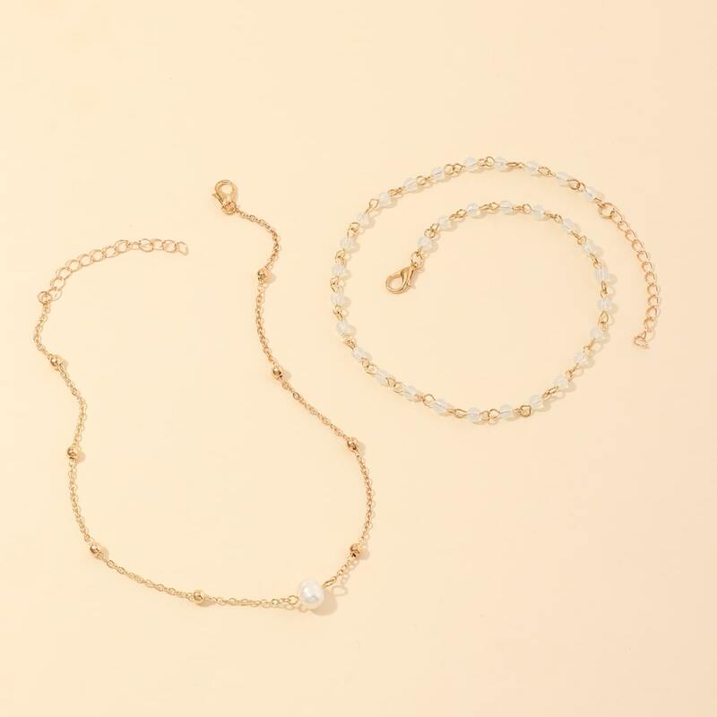 

2pcs Faux Pearl Decor Necklace, Gold