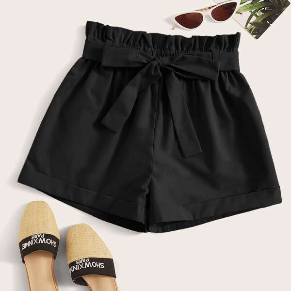 

Self Tie Paperbag Waist Shorts, Black