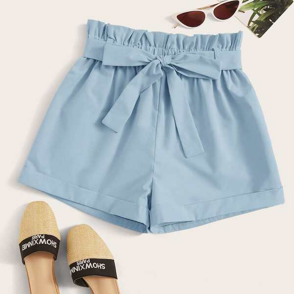 

Self Tie Paperbag Waist Shorts, Blue pastel