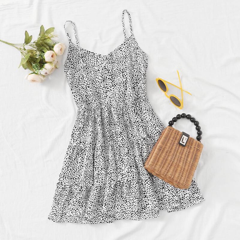 

Dalmatian Print Tiered Cami Dress, Black and white