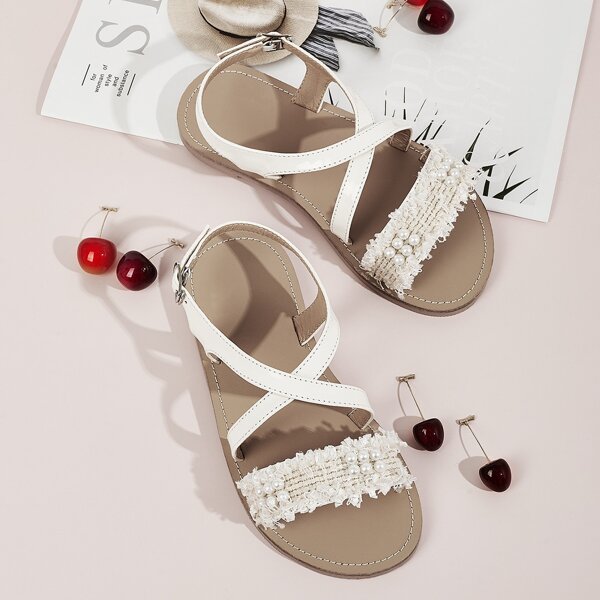 

Toddler Girls Faux Pearl Decor Cross Strap Sandals, White