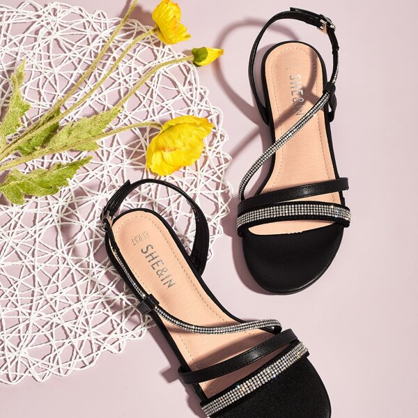 

Rhinestone Decor Ankle Strap Sandals, Black