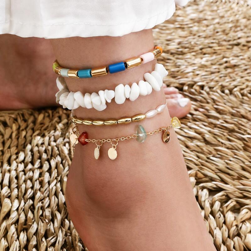 

4pcs Stone Beaded Anklet, Multicolor