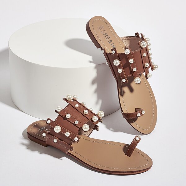 

Faux Pearl Decor Toe Loop Sliders, Brown