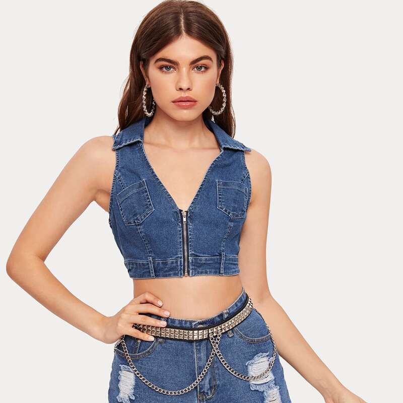 

Zip Up Crop Denim Top, Blue