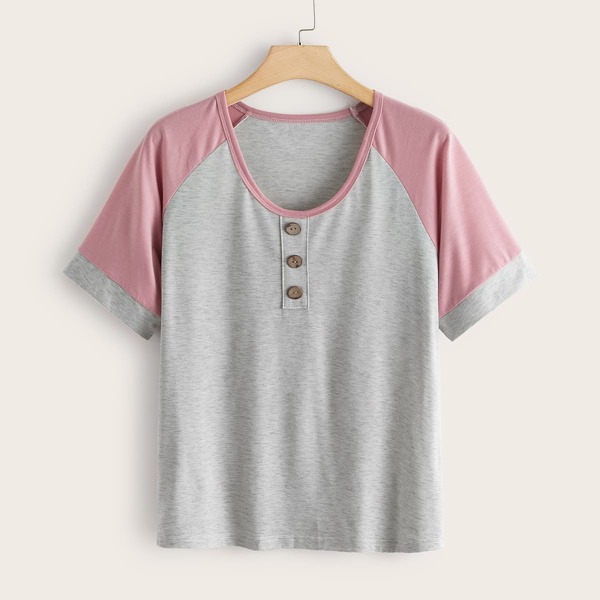 

Plus Button Front Colorblock Tee, Multicolor