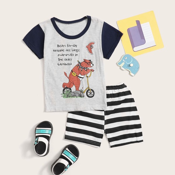

Toddler Boys Cartoon And Letter Graphic Tee & Striped Shorts, Multicolor