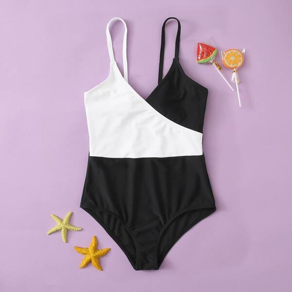 

Girls Two Tone One Piece Swimsuit, Black and white