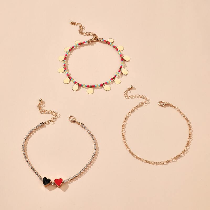 

3pcs Heart Decor Anklet, Multicolor