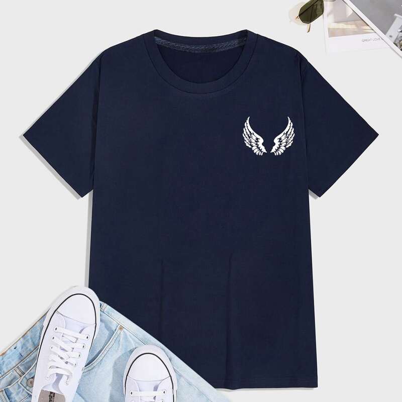 

Men Wing Print Round Neck Tee, Navy blue