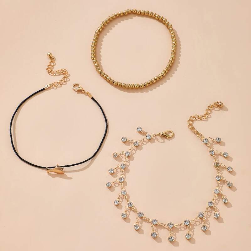 

3pcs Rhinestone Engraved Anklet, Multicolor