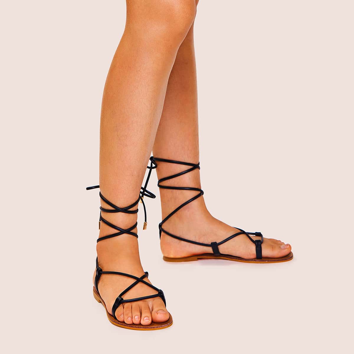 

Thin Strap Tie Leg Sandals, Black