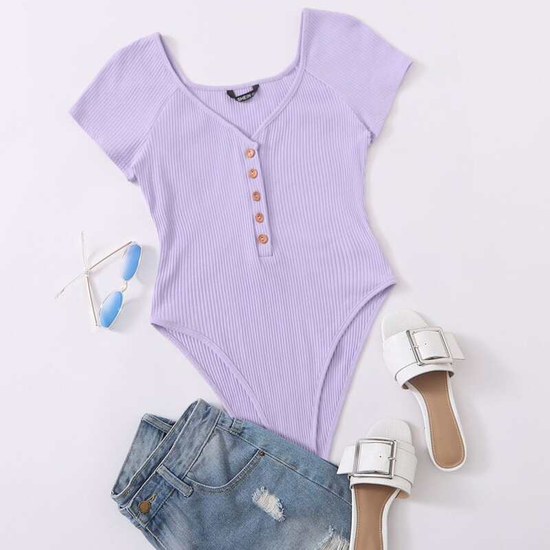 

Raglan Sleeve Button Front Rib-knit High Cut Bodysuit, Purple pastel