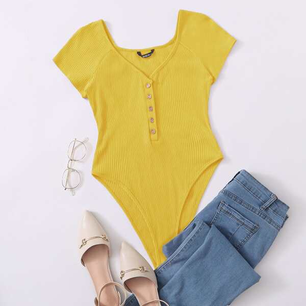 

Button Half Placket Raglan Sleeve Rib-knit Bodysuit, Yellow