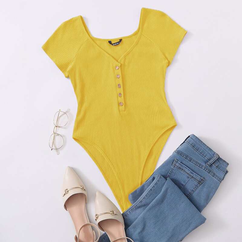 

Button Half Placket Raglan Sleeve Rib-knit Bodysuit, Yellow