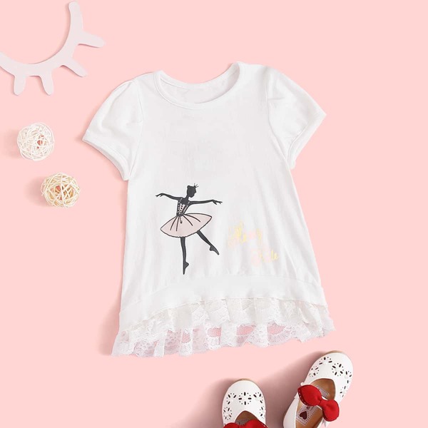 

Toddler Girls Figure Graphic Lace Trim Tee, White
