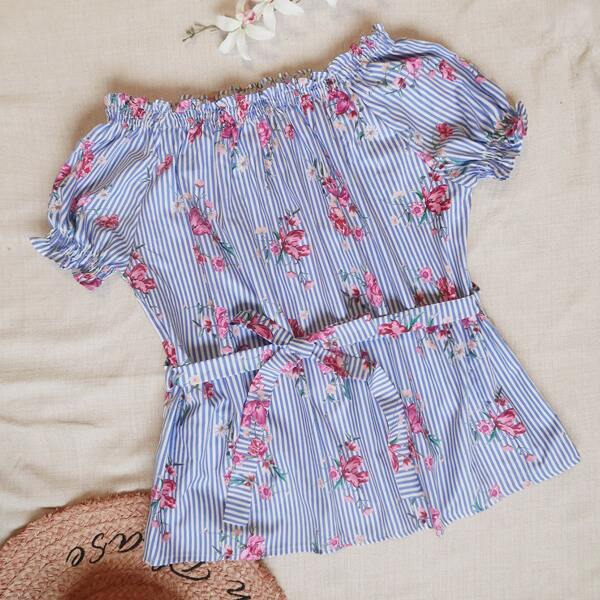 

Plus Stripe & Floral Print Belted Blouse, Multicolor