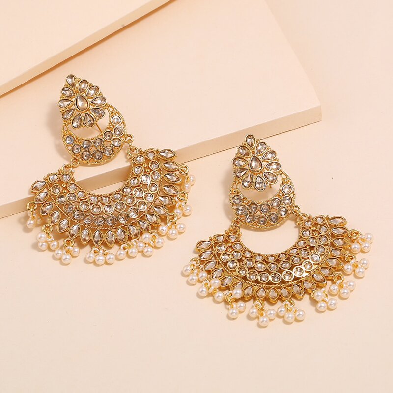 

Rhinestone Engraved Drop Earrings, Gold