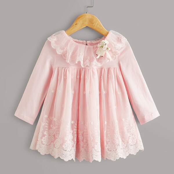 

Toddler Girls Contrast Lace Ruffle Trim Dress With Bear Doll Pendant, Pink