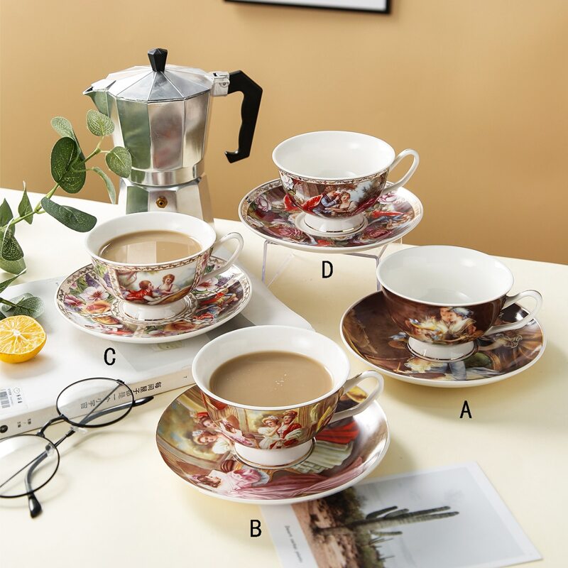 

2pcs Vintage Oil Painting Pattern Cup & Saucer, Multicolor