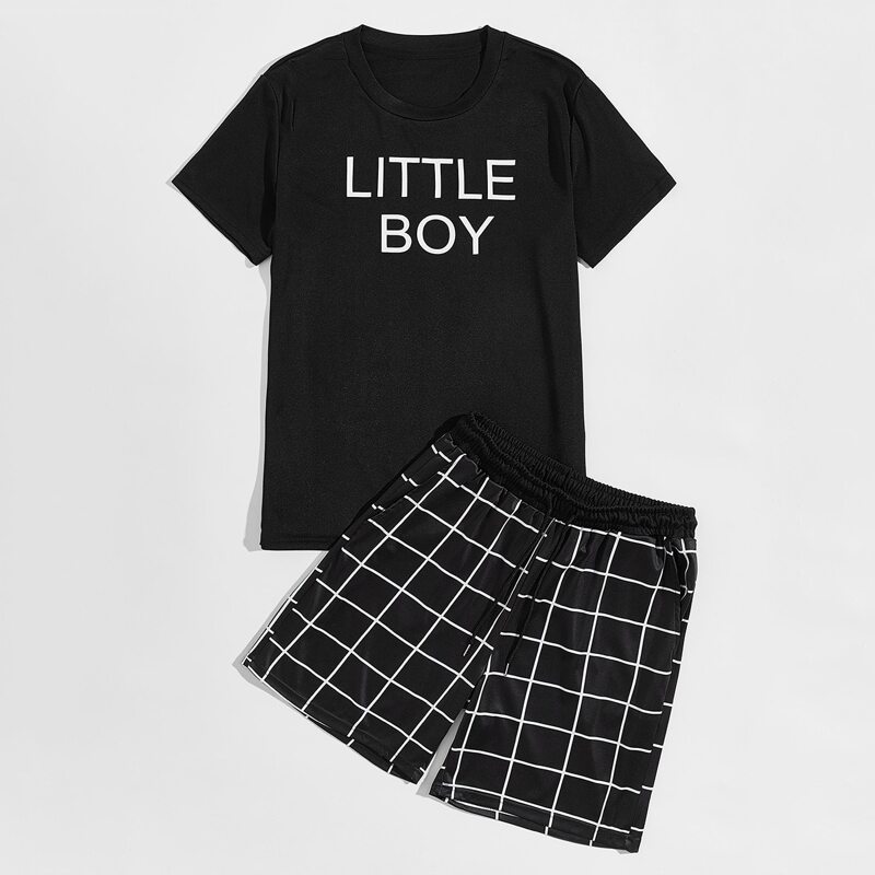 

Guys Letter Graphic Tee With Plaid Shorts, Black