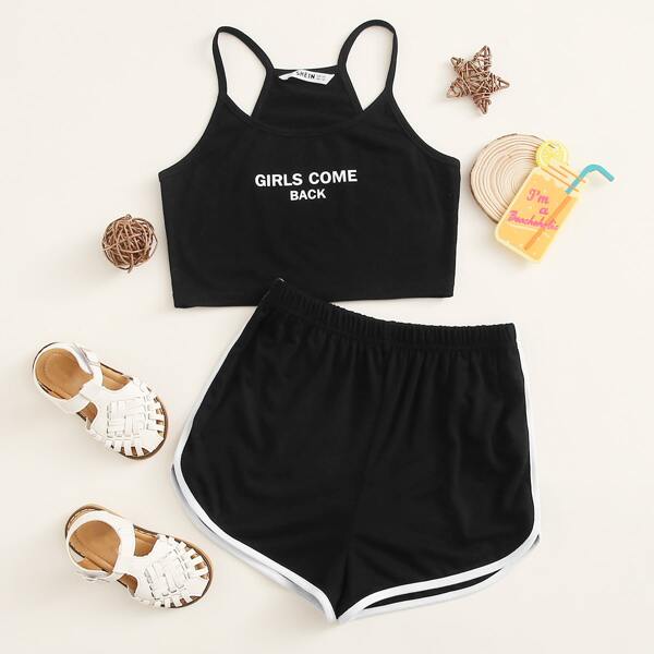 

Girls Racerback Slogan Graphic Cami Top & Dolphin Shorts Set, Black