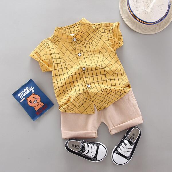 

Toddler Boys Stand Collar Plaid Shirt & Shorts, Multicolor