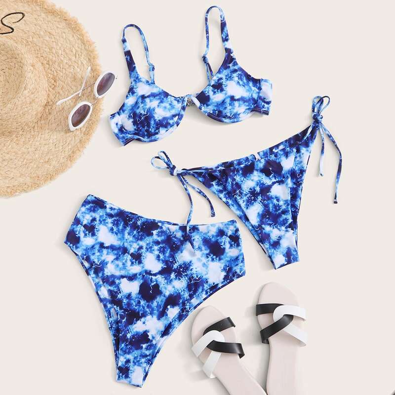 

3pack Tie Dye Underwire Tie Side Co-ord Bikini Swimsuit, Blue