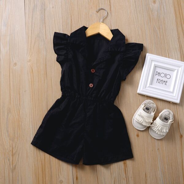 

Toddler Girls Ruffle Trim Button Front Romper, Black