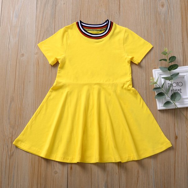 

Toddler Girls Striped Trim A-Line Tee Dress, Yellow
