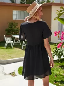 SHEIN VCAY Plants Embroidered Butterfly Sleeve Smock Dress - Black - View 2