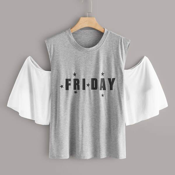 

Plus Cold Shoulder Letter Graphic Tee, Grey