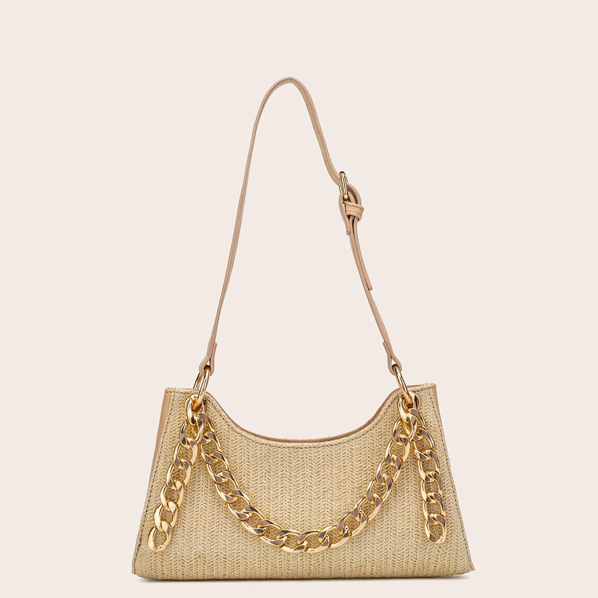 

Braided Tote Bag With Chain Handle, Khaki